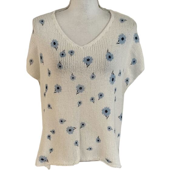 Wooden Ships Size S M Loose Knit V Neck Sweater Flower Floral Print Boxy Fit - Picture 1 of 4